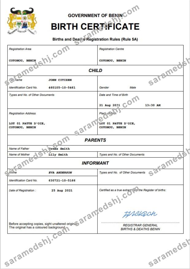 Benin birth certificate Word and PDF template